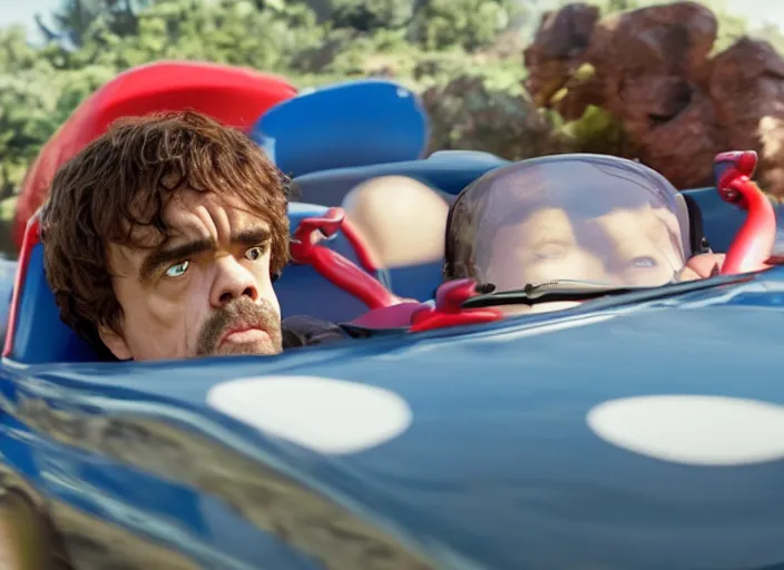 Image similar to peter dinklage racing gary coleman driving a little tikes cars, movie still, from the new fast and furious movie, 8 k, realistic