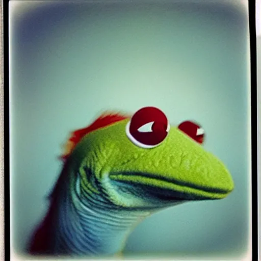 Prompt: Kermit the fish, profile polaroid photo, instax, white frame, by Warhol,