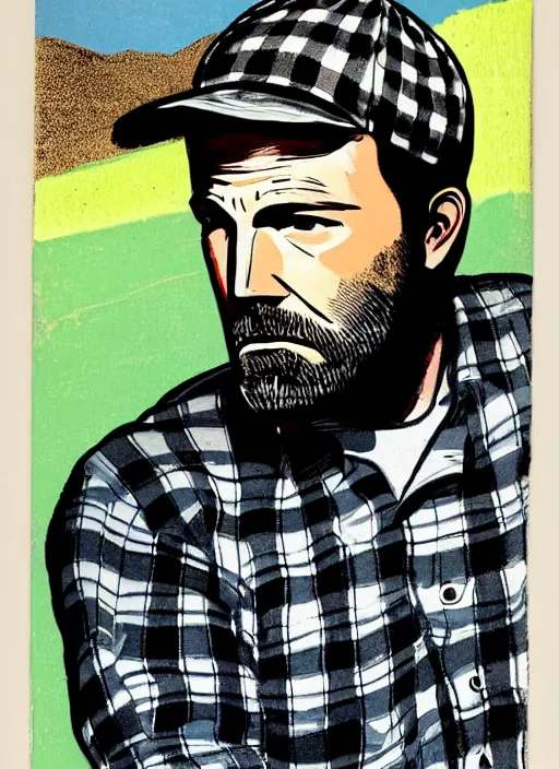 Image similar to full - body portrait of ben affleck wearing checkered shirt and white cap, holding a wrench, by billy childish, thick visible brush strokes, shadowy landscape painting in the background by beal gifford, vintage postcard illustration, minimalist cover art by mitchell hooks