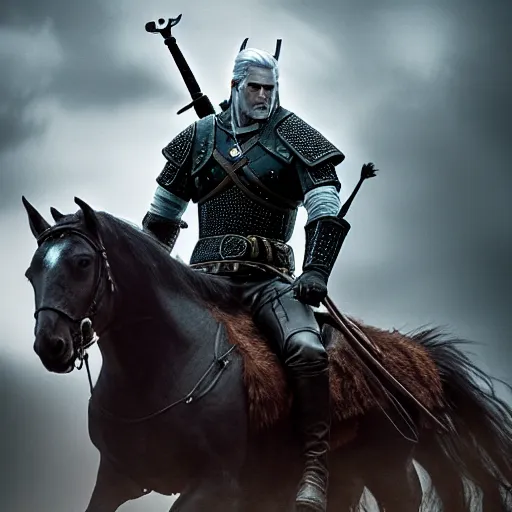 Prompt: a witcher + batman riding horse together, batman at back, witcher riding, 4 k, highly detailed face, detailed eyes, depressed, vibrant, life changing, dramatic, cinematic lighting, digital art, ultra sharp, extreme details, sinful and petty by gerald brom and zadislaw beksinksi and giger