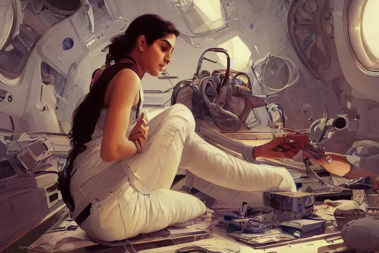 Image similar to Exhausted good looking pale young Indian doctors wearing jeans in a space station above Earth performing surgery, portrait, elegant, intricate, digital painting, artstation, concept art, smooth, sharp focus, illustration, art by artgerm and greg rutkowski and alphonse mucha