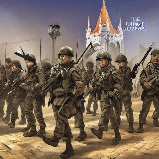 Prompt: army of the european union fighting on the streets of budapest 2 0 2 2, highly detailed illustration for time magazine cover art