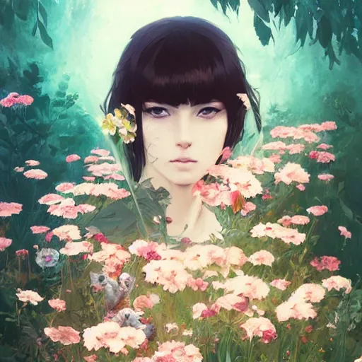 Image similar to kittens in flowers, intricate complexity, by greg rutkowski, artgerm, ross tran, conrad roset, takato yomamoto, ilya kuvshinov. 4 k, beautiful, cinematic dramatic atmosphere