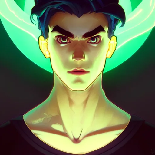 Image similar to a face portrait character design by artgerm, cushart krenz, greg rutkowski and alphonse mucha. young danny phantom!! glowing green eyes!! bold outline sharp edges. ultra clear detailed. 8 k. elegant, neon colors, symmetry, intricate complexity, epic composition, magical atmosphere, cinematic lighting masterpiece trending on artstation 8 k octane render.