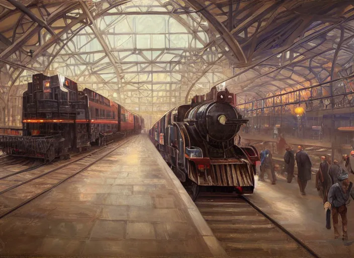 Prompt: portrait of a train station that mechanical horses are used to push the trains, digital painting, artstation, concept art, donato giancola, Joseph Christian Leyendecker, WLOP, Boris Vallejo, wide view, cinematic lighting, dramatic lighting, masterpiece, light brazen, extremely detailed