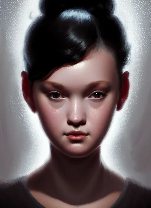 Image similar to portrait of teenage shannon purser, narrow face, black hair, half updo hairstyle, intricate, elegant, glowing lights, highly detailed, digital painting, artstation, concept art, smooth, sharp focus, illustration, art by wlop, mars ravelo and greg rutkowski