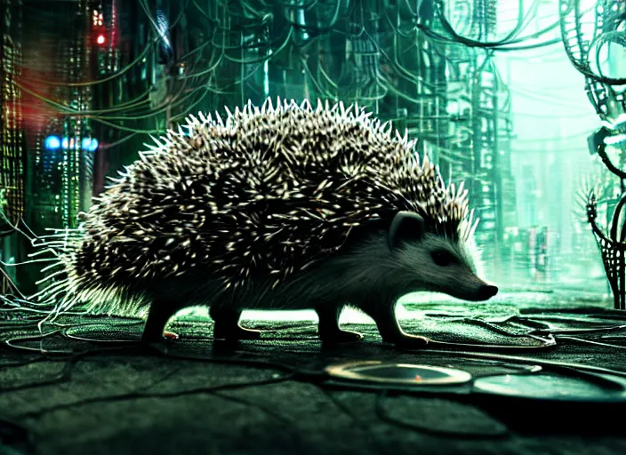 Prompt: intricate hedgehog with optic fibers growing out of it's back, on the background of a weird magical mechanical forest. Very detailed 8k. Fantasy cyberpunk horror. Sharp. Cinematic post-processing. Unreal engine. Nanite. Ray tracing. Parallax. Tessellation