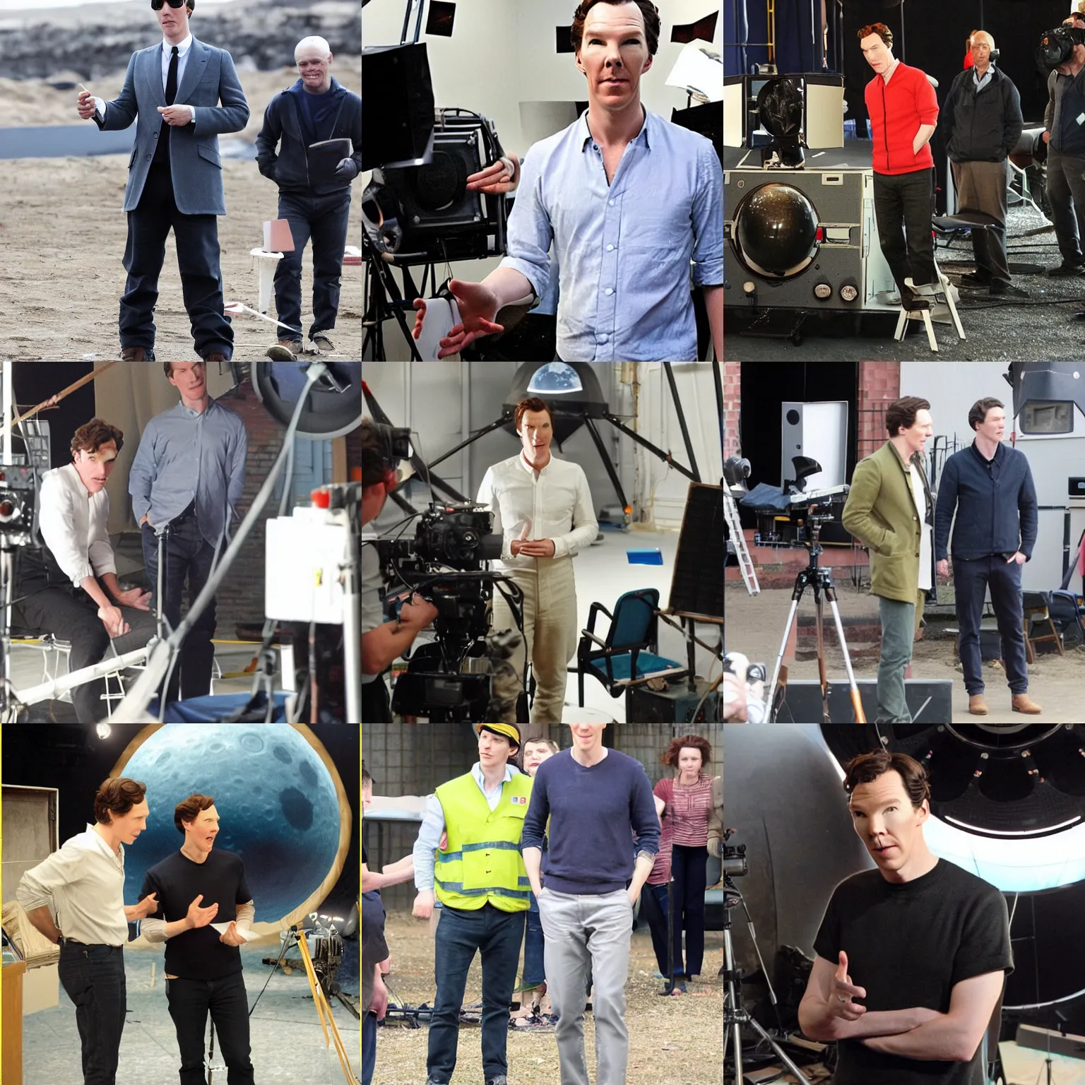 Prompt: benedict cumberbatch at the filming of the fake moon landing, studio