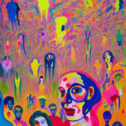 Prompt: people in the crowd, an ultrafine detailed painting by peter max and francis bacon and fiona rae and maryam hashemi and hernan bas and anna mond and max gubler, featured on deviantart, metaphysical painting, neo expressionism, melting paint, biomorphic, mixed media, photorealistic, dripping paint, palette knife texture, masterpiece