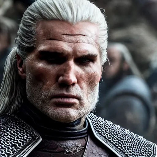 Image similar to donald trump as geralt of rivia from the witcher movie, dramatic film still, close - up, details, sigma 7 5 mm