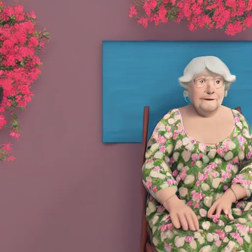 Image similar to of a very funny 3 d cinematic scene. a sweet fat old woman is in love with her self. flowery dress. symmetrical face, red mouth, blue eyes. a flowery dress. deep focus, lovely scene. ambient occlusion render. unreal engine. pencil and ink. goya painting style.