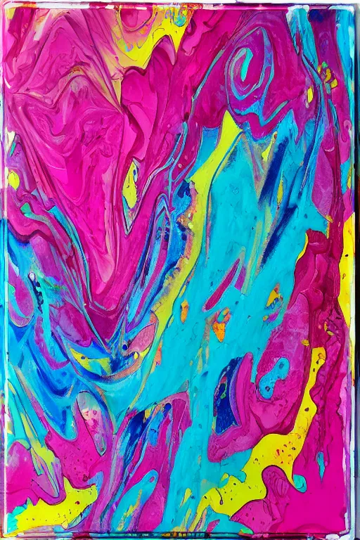 Prompt: acrylic paint pour, watercolor, marbling, graffiti, very detailed, large white border, 144x144 canvas, hd, high resolution print :1 Black, Magenta, Yellow and Cyan:1