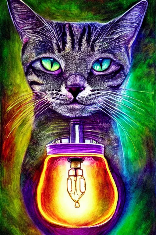 Prompt: portrait of a cat inside a light bulb, modern fine art, dreamscape, intricate, elegant, subsurface scattering, highly detailed, pop art painting, organic acrylic flow art, psychedelic surreal art, acrylic art, watercolor, featured on deviantart, cgsociety