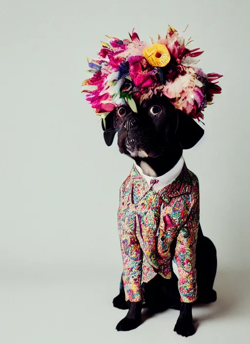 Image similar to 3 5 mm macro photography of a dog wearing a floral headdress and paisley suit