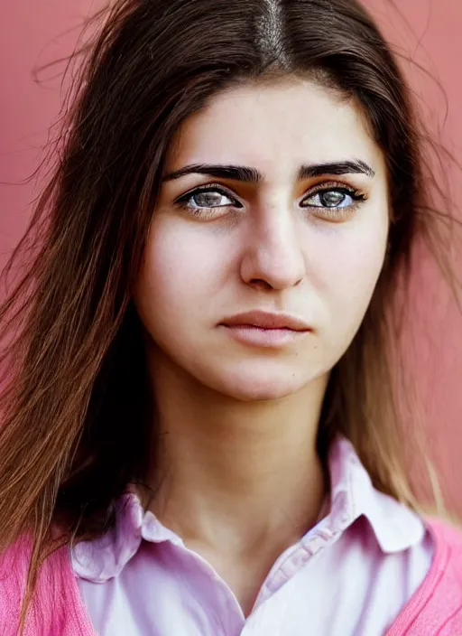 Prompt: A close-up photo of a Turkish 22 year old girl with hazel eyes and pink cheeks. Her hair is straight and tied into a ponytail. Shyly looking at the camera and slightly smiling. Detailed face features, hyper realism, studio, bokeh, shallow depth of filt, neutral background, telephoto lens, photography from Vogue magazine, by Lee Jeffries, Sigma 500mm f/5