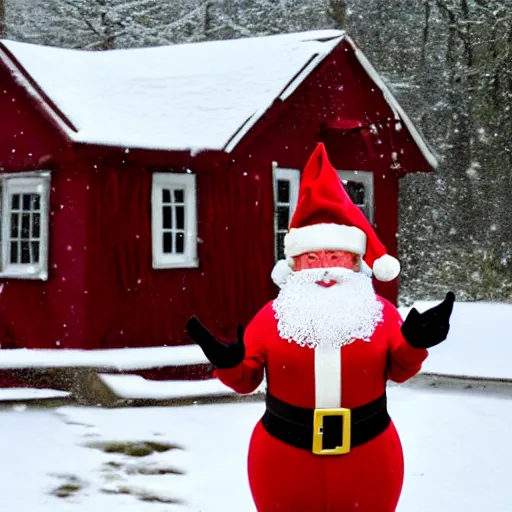 Image similar to a rabbit dressed as santa, stands outside a brown swedish cottage, snowing, in the style of jenny nystrom