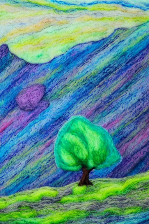 Image similar to fantastic mountain landscape, pastel colors, huge trees, dry felting, watercolors