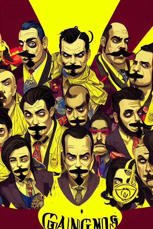 Image similar to gang saints wear yellow bandanas, and some of them have thick mustaches, their eyes are sharp, pop art style, dynamic comparison, proportional, professional art, bioshock art style, gta chinatowon art style, hyper realistic, face and body clarity, complicated, intricate, concept art, art by argerm dan richard hamilton