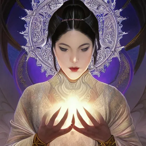 Image similar to a beautiful and detailed illustration of a black lotus with fractal fibonaucci sequence petals, in the style of magic the gathering, highly detailed, digital painting, unholy union, white church background, god rays, volumetric lighting, octane render, 4 k resolution, art by artgerm and greg rutkowski and alphonse mucha, masterpiece, in a luminist baroque style