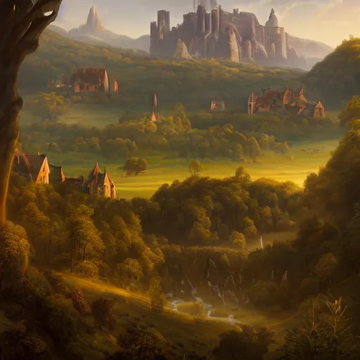 Image similar to Vast verdant empty flat valley surrounded by Transylvanian mountains with a huge zeppelin hovering above it, and a ruined medieval castle on the hillside in the background. No villages. Late evening light in the summer, gloomy weather. Hyperrealistic, high quality, sharp, highly detailed, peter mohrbacher, ansel adams.