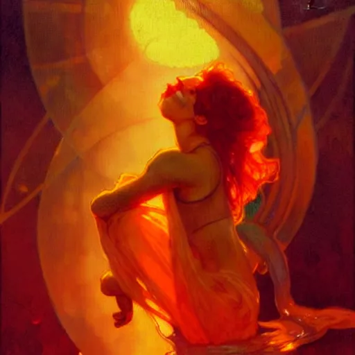 Image similar to glossy liquid honey drops flowing like translucent amber, backlit, sunset, refracted lighting, art by collier, albert aublet, krenz cushart, artem demura, alphonse mucha