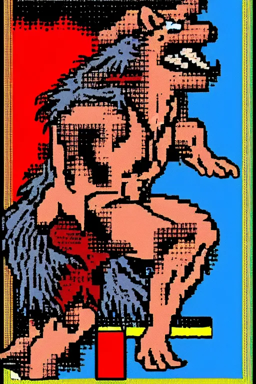 Image similar to extreme long shot. 8 bit nes graphics. hermann nitsch. antropomorphic muscular masculine wolf. kickboxer fighter, in shorts. wolf head. art from nes game cartridge,