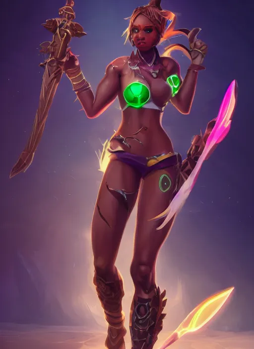 Image similar to senna from league of legends, au naturel, holding a giant weapon, brown skin, with abs, glowing green neon eyes, digital art, trending in artstation, cinematic lighting, studio quality, smooth render, unreal engine 5 rendered, octane rendered, art style by klimt and nixeu and ian sprigger and wlop and krenz cushart