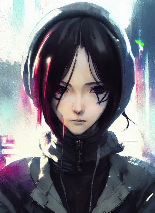 Image similar to cyberpunk anime girl in hoodie, grafity, neonpunk, alita, arcane, fortiche, action, tokyo street, detail, good face, pose model, concept art, in style of yoji shinkawa, pan ren wei, col price, atey ghailan, by greg rutkowski, aesthetic