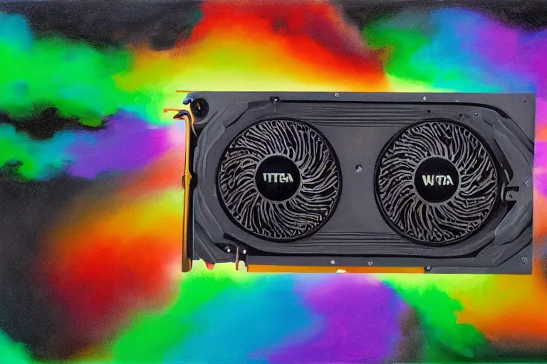 Prompt: a painting by Wayne Thiebaud of an Nvidia GeForce RTX 3090 GPU that has caught on fire, GeForce RTX 3090 on fire, cooling, high specs, ethereal!!!!!!!, by Wayne Thiebaud, neon gradient, nvidia promotional image, GPU fire, GPU fire, GPU fire, GPU fire, GPU fire, GPU fire