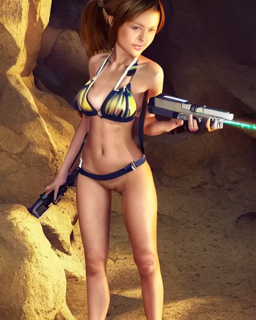 Prompt: gorgeous goblin girl wearing a bikini and holding a laser rifle, photorealistic cgi, sci fi, futuristic, full body