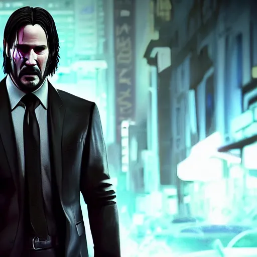 Image similar to john wick in saints row, artstation hall of fame gallery, editors choice, #1 digital painting of all time, most beautiful image ever created, emotionally evocative, greatest art ever made, lifetime achievement magnum opus masterpiece, the most amazing breathtaking image with the deepest message ever painted, a thing of beauty beyond imagination or words, 4k, highly detailed, cinematic lighting