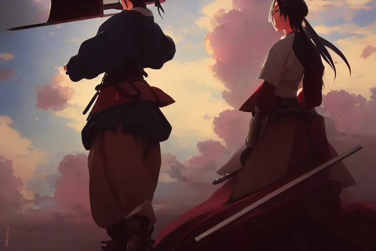 Image similar to baroque oil painting of anime key visual concept art of a samurai girl, very anime, stars vackground, trending on artstation, oil on canvas, style of makoto shinkai greg rutkowski studio ghibli