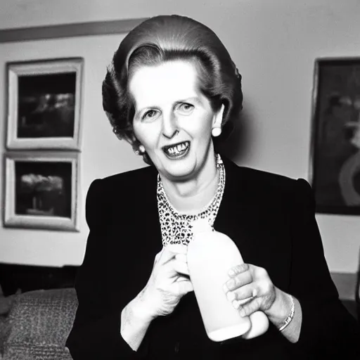 Prompt: margaret thatcher taking a bottle of milk from a baby