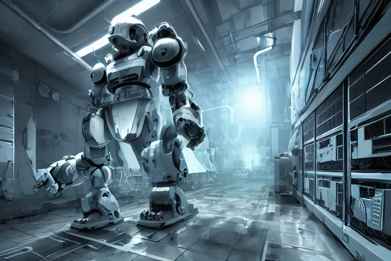 Prompt: parallax datacenter server room single mono colossus white rusty android robosaurus in artstation cinematic detailed concept art volumetric light sharp coherent cgsociety symmetric perfect artillery