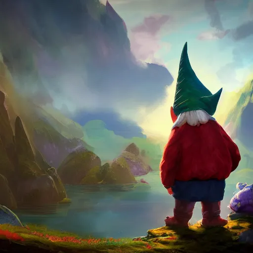 Prompt: a gnome looking for a new adventure in a colorful fantasy world, beautiful landscape, dramatic lighting, cinematic, establishing shot, extremly high detail, photorealistic, cinematic lighting, post processed, concept art, artstation, matte painting, style by greg rutkowsky