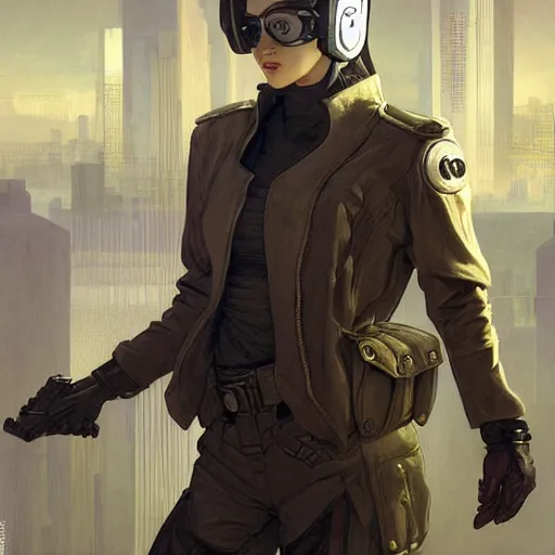 Image similar to cyberpunk officer, highly detailed, digital painting, artstation, concept art, smooth, sharp focus, illustration, ArtStation, art by artgerm and greg rutkowski and alphonse mucha and J. C. Leyendecker and Edmund Blair Leighton and Katsuhiro Otomo and Geof Darrow and Phil hale and Ashley wood and Ilya repin and Charlie Bowater