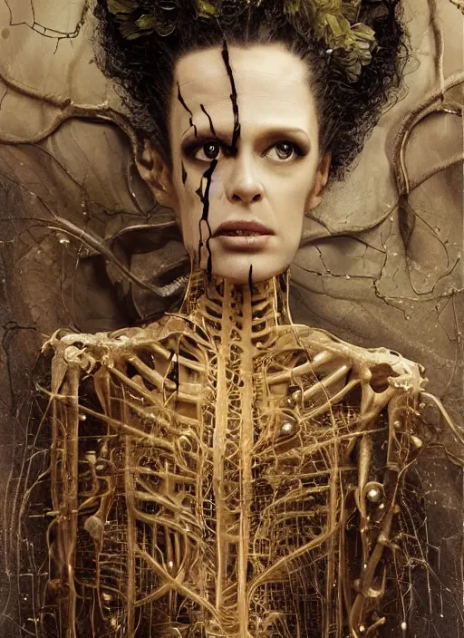 Prompt: bride of frankenstein number 1 0 1 2 as she comes to life after operation, normal healthy face, transparent skin, skeleton still life, nervous system, greg rutkowski, peter gric, immerse, 1 9 th, special effects makeup, maximalist, glittering, gold, ivory, hyperreal, golden ratio, alphonse mucha