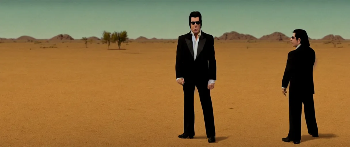 Image similar to john travolta as vincent vega suprised gesture nobody there ghost town tumbleweed bushes on ground shrugging hand at waist level. standing in black suit high noon golden ratio, 4 k, detailed, art by jamie hewlett and greg rutkowsky, trending on artstation, cinematic lighting, filmic grain, golden hour, detailed, 4 k