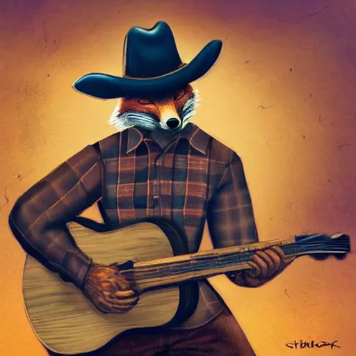 Prompt: a fox animal, wearing cowboy hat, wearing plaid shirt, playing guitar, in barn, album cover style, artstation