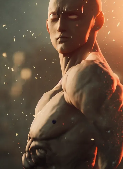 Image similar to Realistic Saitama, artistic, cool pose, light atmosphere, cinematic shot, intricate, ornate, photorealistic, ultra detailed, realistic, 100mm, photography, octane, high definition, depth of field, bokeh, 8k, artstation