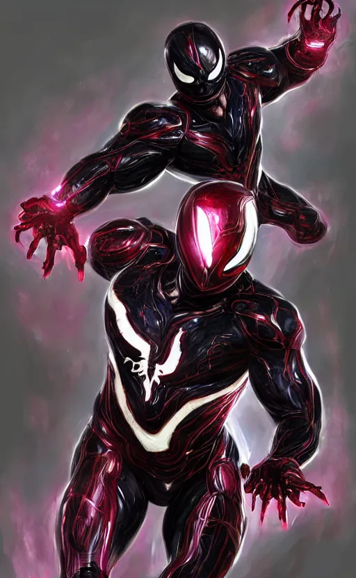 Prompt: venom in a venom inspired ironman suit, purple, black and red, dynamic lighting, photorealistic fantasy concept art, trending on art station, stunning visuals, terrifying, creative, cinematic