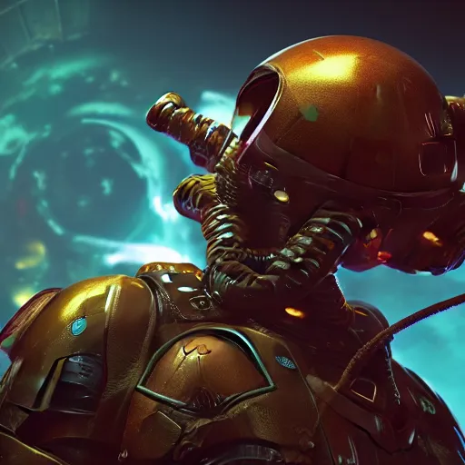 Image similar to An octopus wearing a spacemarine armor in outer space, spacecraft, nebula, octane render, 3d, unreal engine, highly detailed, 4k, 8k