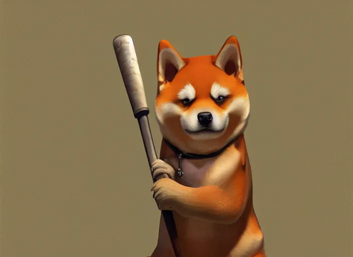 Image similar to digital art of a buff shiba inu holding a baseball bat. Highly detailed 8k, fantasy