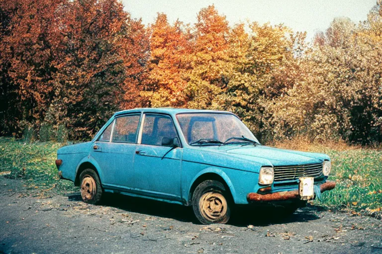 Image similar to a lomographic photo of old lada 2 1 0 7 standing in typical soviet yard in small town, autumn, cinestill, bokeh