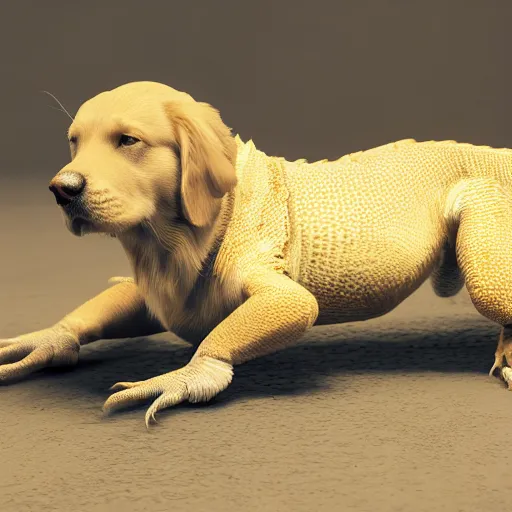 Image similar to A mix of a golden retriever and a bearded dragon, highly detailed, 8k, Unreal Engine render