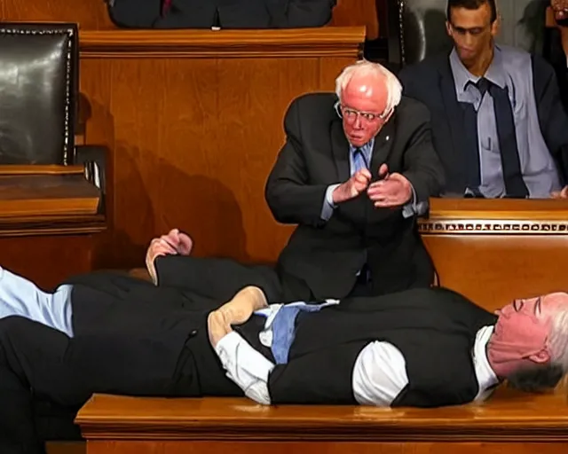 Prompt: bernie sanders bench-pressing 200 lbs during filibuster speech in senate chambers