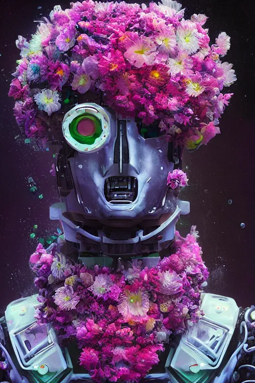 Prompt: closeup, underwater digital painting of a robot wearing a suit made of flowers, cyberpunk portrait by Filip Hodas, cgsociety, panfuturism, made of flowers, dystopian art, vaporwave