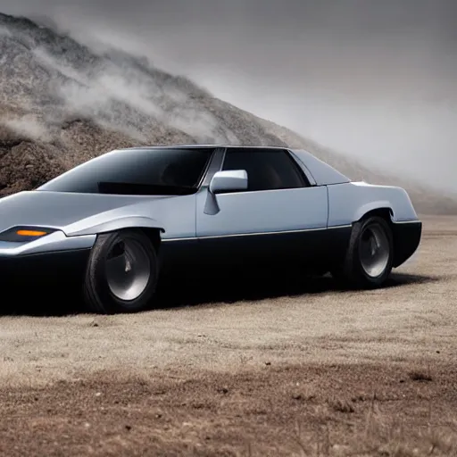 Prompt: a 1 9 9 0 v 8 sport car designed by tesla, outdoor magazine, ambient light, fog