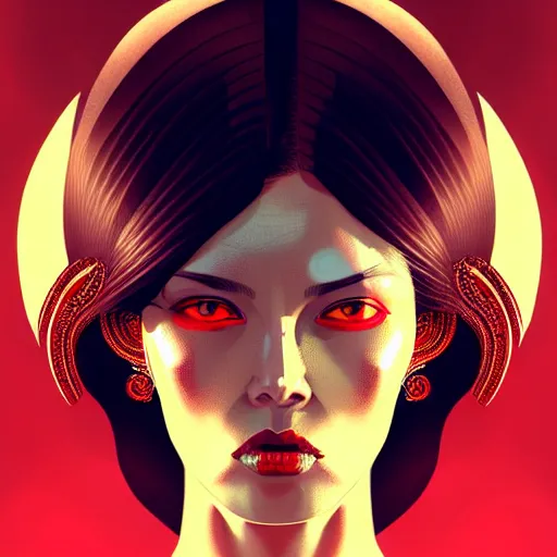 Image similar to woman with extremely large and intricate haircut with angry red eyes and slim features looking askance, eye cyberpunk bionics, retro futurist style, intricate, elegant gleaming intricate baroque jewelry, angelic halo, highly detailed, digital painting, artstation, concept art, smooth, sharp focus, illustration, art by wlop, mars ravelo and greg rutkowski,