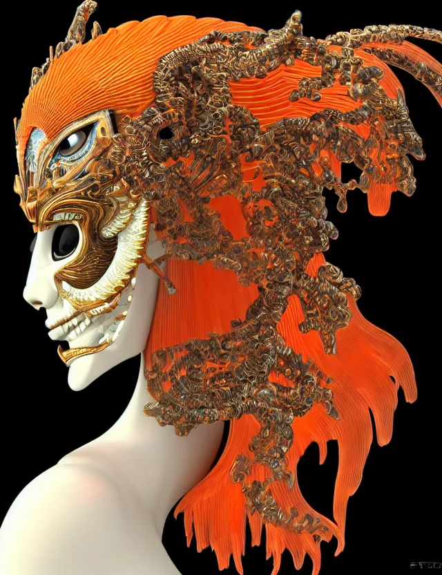 Image similar to 3 d goddess close - up profile portrait biomechanics with ram skull. beautiful intricately detailed japanese crow kitsune mask and clasical japanese kimono. betta fish, jellyfish phoenix, bio luminescent, plasma, ice, water, wind, creature, artwork by tooth wu and wlop and beeple and greg rutkowski. gold black teal and orange color scheme